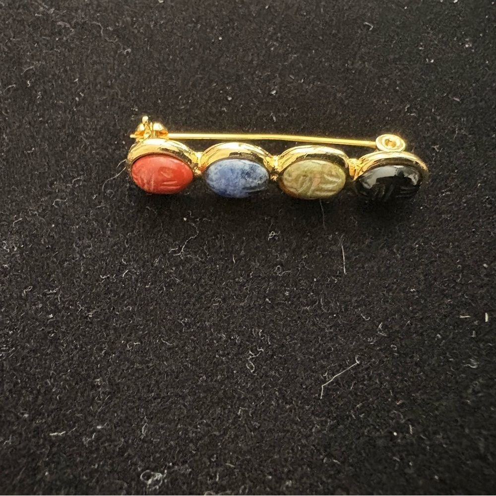 Vintage Egyptian Revival Genuine Gemstones Gold Plated Scarab Bar Brooch